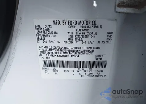 2013 Ford Edge Sel from USA, damaged, VIN 2FMDK3JC0DBC12354